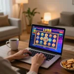 Player enjoying LV88 online casino games on a laptop in a cozy bedroom setting.