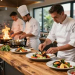 Experience the culinary artistry at https://www.theshackok.com/ with chefs preparing fresh seafood dishes in a vibrant kitchen.