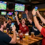 Engaged sports fans analyzing tỷ lệ kèo nhà cái 5 while cheering in a lively bar betting environment
