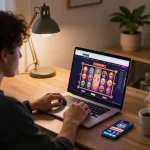 Player enjoying online slots on RR88 in a cozy home environment with laptop and smartphone.