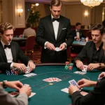 Các người chơi LUCK8 tham gia vào một ván poker cạnh tranh, thể hiện chiến lược và sự phấn khích trong không khí của một sòng bạc.