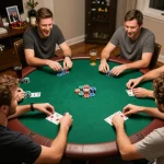 Playing poker at home during an exciting game night with Go99 atmosphere, showcasing players and chips.
