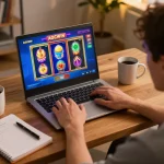 Pemain menikmati slot online di platform AGCWIN, menampilkan pengaturan permainan rumah yang hidup