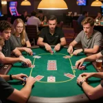 Players at a poker table celebrating a winning hand while enjoying the excitement of tx88 gameplay.