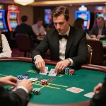 Pemain yang terlibat membuat keputusan strategis di meja blackjack KING55 di kasino yang cerah