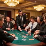 Players engaging in blackjack at a lively casino floor, showcasing situs botanicabali's thrilling gaming experience.