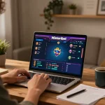 Misteribet player celebrating wins in a stylish home office setup during online gaming session.