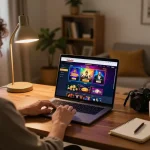 Hello88 online casino gaming setup with a player engaged, vibrant screens showcasing various games.