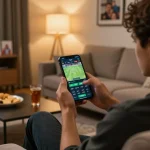 Engaged user monitoring live game odds on FABET mobile app while relaxed on a couch, creating a vibrant gaming atmosphere