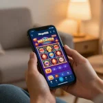 Mega888 players enjoying mobile gaming with vibrant app interface and cozy atmosphere.