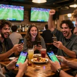 SBOBET mobile app in use during a thrilling sports betting event at a lively bar gathering.