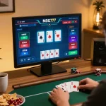 Player strategizing on MSG777 poker interface with snacks and coffee in cozy gaming setup.