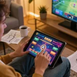 Excited player enjoying RR88 casino game on tablet in cozy living room setup.