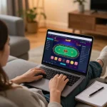 Luck8 online casino gameplay displayed on laptop in a cozy home setting