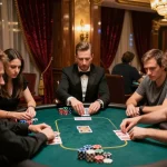 Playing poker at an upscale casino featuring intense focus and strategic gameplay, spotlighted ambiance, and immersive casino atmosphere, highlighting the excitement of 69vn gaming.
