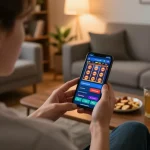 Sparking excitement playing situs slot on a smartphone in a cozy home setup.