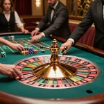 Players at tg88 roulette table excitedly placing bets as the croupier spins the wheel in a vibrant casino.