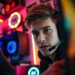 Gamer concentrado jogando higame com um setup moderno e luzes LED vibrantes.