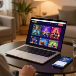 Engaging with ALO8 online casino on a laptop in a cozy home setting while enjoying strategic gameplay.