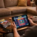 Engaging in online gambling on the xx88 casino app with a cozy atmosphere at home.