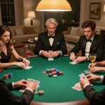 Friends engaged in a strategic poker game during an elegant home gathering, showcasing F168 themed chips and cards.