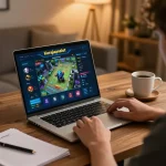 Engaging in kerajaanslot gameplay on a laptop in a cozy setting, highlighting responsible gaming.