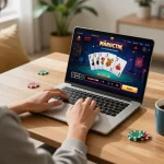 Engaged player enjoying cm88 online casino games at a cozy home setup.