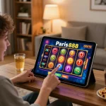 Player engaging with paris888 online slots on a tablet at home while enjoying snacks and drinks.