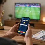 Pengguna SBOBET88 memasang taruhan di smartphone di kantor rumah yang bergaya dengan permainan olahraga di TV