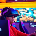 Engaged gamer immersed in a dynamic higame VR experience with vibrant lighting and sleek gear.