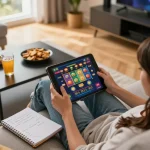 Engaging in a malaysia online casino game on a tablet in a cozy home setting with warm lighting