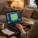 Engaging in online sports betting with qq88, a person using a laptop in a cozy living room.