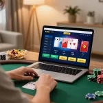Pemain menikmati permainan poker online yang mendebarkan dengan aplikasi BJO88, suasana rumah yang nyaman.
