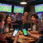 Engaging moment of users placing bets on go89 app while celebrating wins in a vibrant sports bar atmosphere.