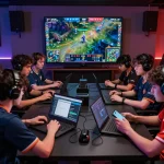 Engaged players enjoying Dota 2 betting in a lively esports lounge, focused on live statistics and betting options.