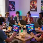 A lively gaming scene with friends enjoying the UU88 online platform, surrounded by snacks and colorful LED lights.