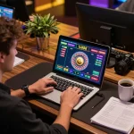 Engaging player enjoying lc888 live dealer roulette game on laptop during home gaming session.