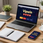 Engaging in online gambling at Vipwin with a laptop and strategic materials.