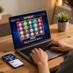 Player enjoying octaslot online slots on laptop, showcasing bright game interface and mobile app