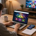 Melakukan taruhan menggunakan dasi4d link alternatif di laptop dalam kantor rumah yang nyaman