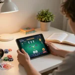 Engaged player strategizing in an online game at luck88com with poker chips and cards visible