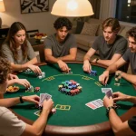 Friends enjoying a lively game of poker at home, showcasing the exciting atmosphere of jus77 gaming.