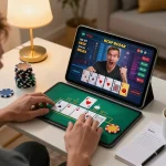 Player engaged in live Blackjack on hi88 tablet in cozy home setting with notes nearby.