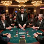 Players engaging in high-stakes blackjack at a luxurious casino, sc881 strategy in action amidst vibrant atmosphere