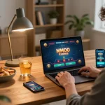Player enjoying MMOO live casino on laptop, showcasing modern gaming lifestyle.
