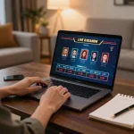 Nohu90 player engaging with live dealer game on laptop, showcasing strategic online gaming.