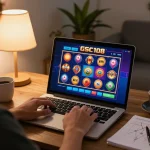 Pemain bermain permainan slot online Gsc108 di laptop dalam lingkungan rumah yang nyaman.