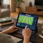 SBOBET88 sports betting in a cozy home, person engaging with tablet displaying live odds and match results.
