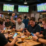 SUNWIN users engaging in live sports betting at a vibrant bar, cheering with screens displaying matches.