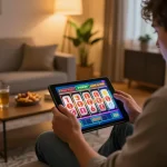 Play free spins casino bonus on an online slot game displayed on a tablet in a cozy home setting